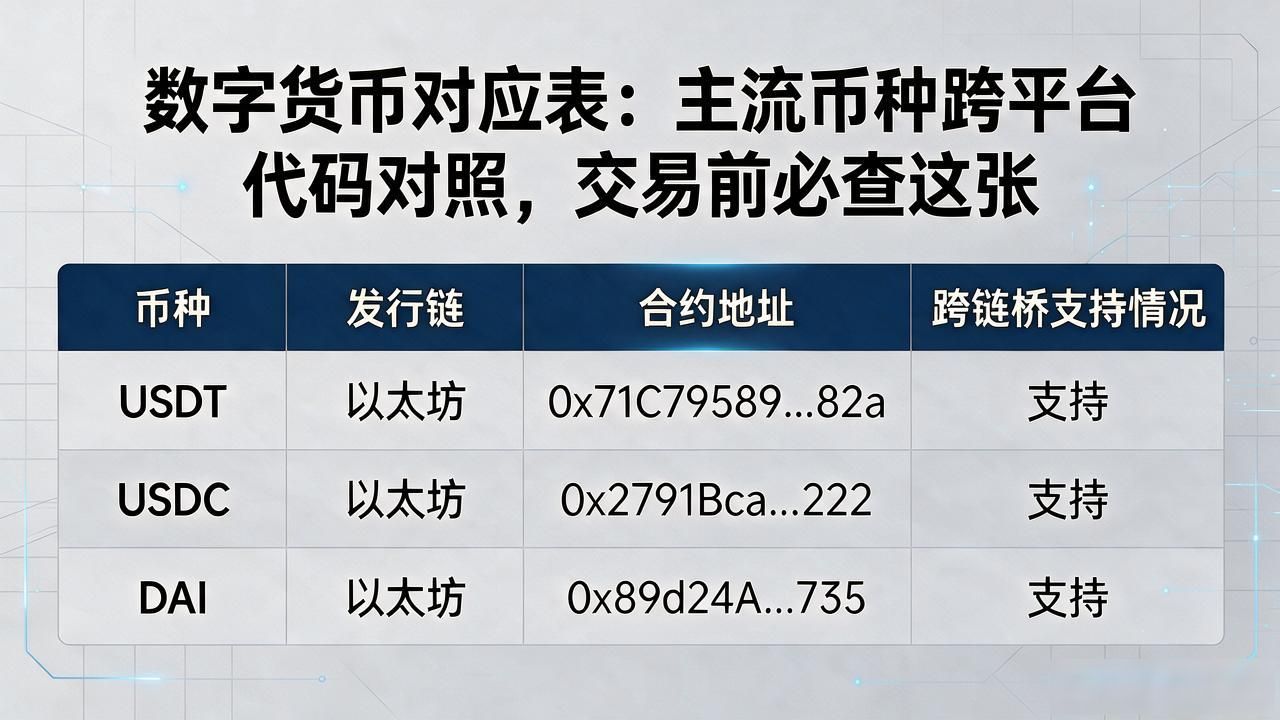 数字货币对应表：主流币种跨平台代码对照，交易前必查这张